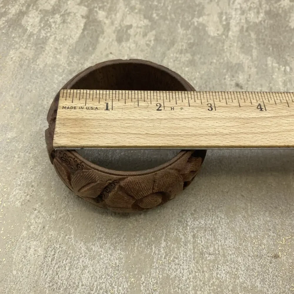 Vintage Wooden Carved Floral Vines Design Bangle Bracelet 2.75” Diameter